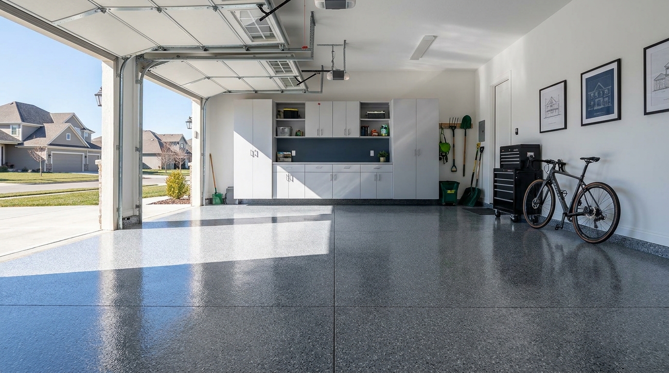 Freshly coated residential garage floor in an upscale Kansas City home, smooth decorative finish in a neutral speckled tone, clean organized space with natural light from the open door