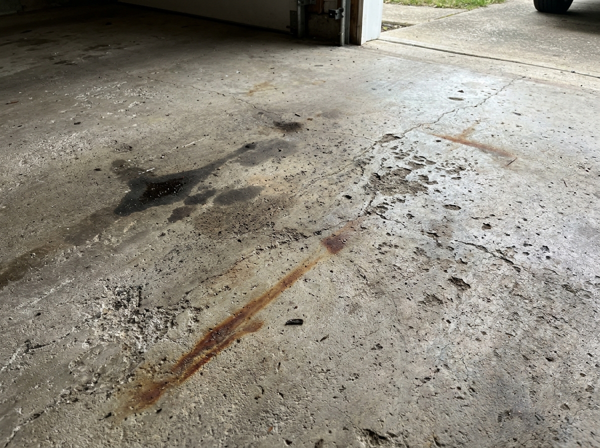 Bare concrete garage floor with oil and rust staining, light pitting, and surface dusting, the kind of worn slab that prompts a homeowner to get it coated