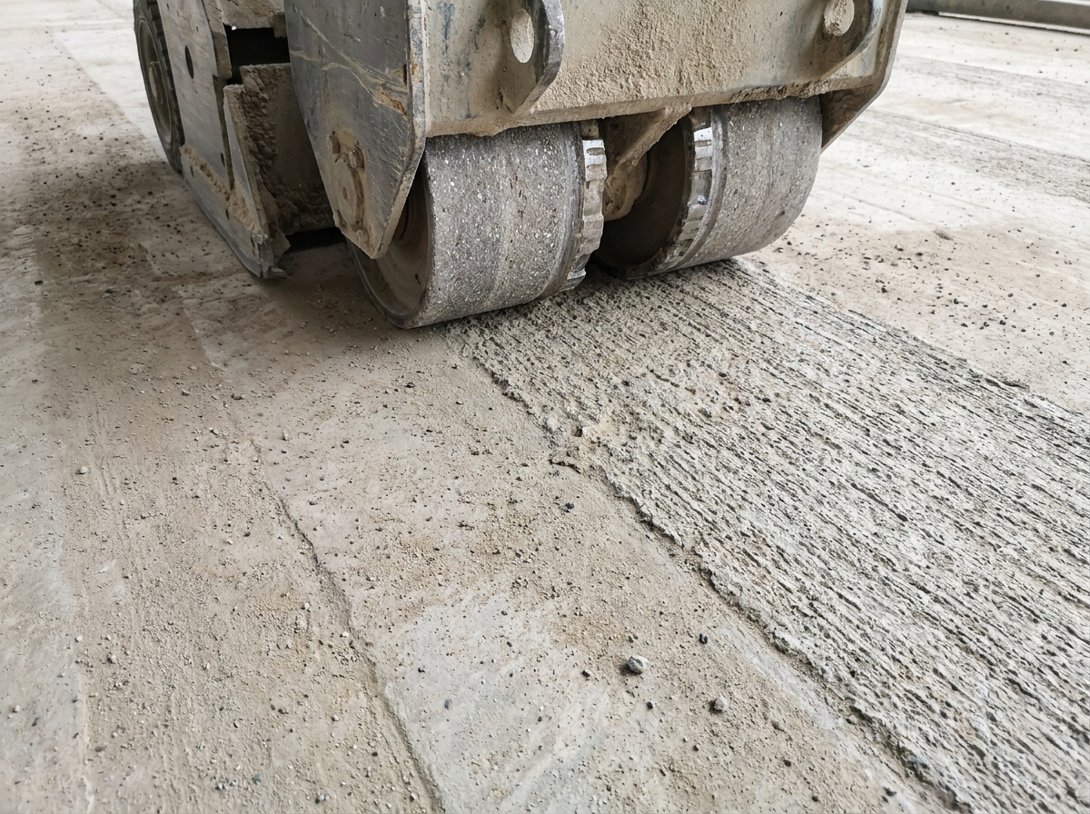 Crew cleaning and profiling a concrete garage slab during surface preparation before coating, genuine prep work in natural daylight