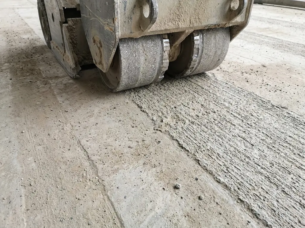 Crew cleaning and profiling a concrete garage slab during surface preparation before coating, genuine prep work in natural daylight