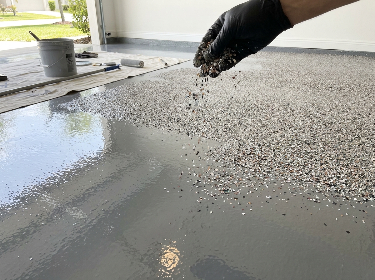 Coating being applied to a clean, prepped garage floor, showing the application in progress in natural daylight