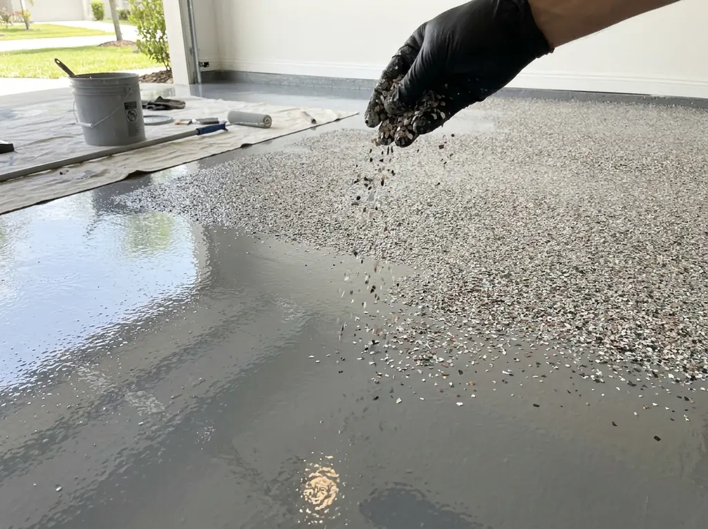 Coating being applied to a clean, prepped garage floor, showing the application in progress in natural daylight