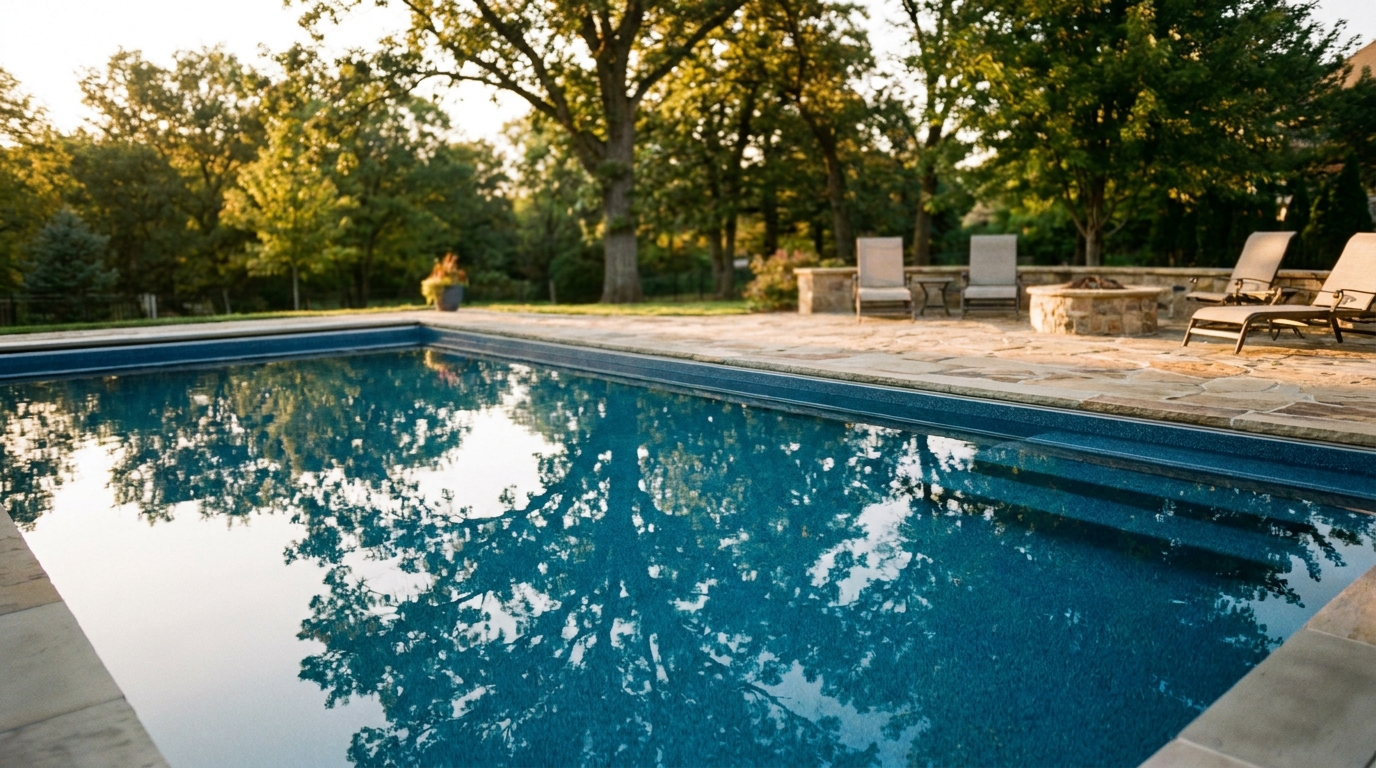 An ecoFINISH-coated inground pool in a Kansas City backyard, finished in a calm blue-grey, water clear and still.