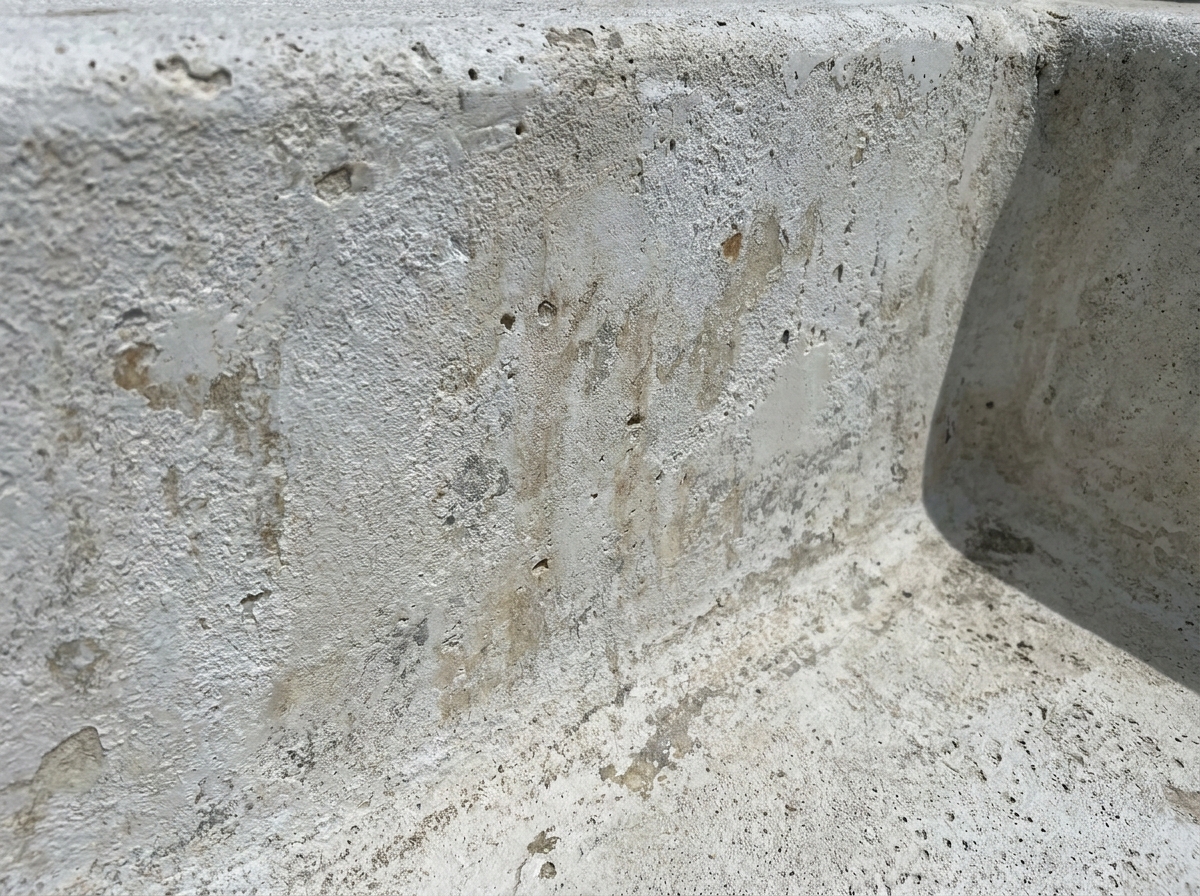 Close-up of an aging, chalky pool surface with faint staining, showing a pool due for resurfacing.