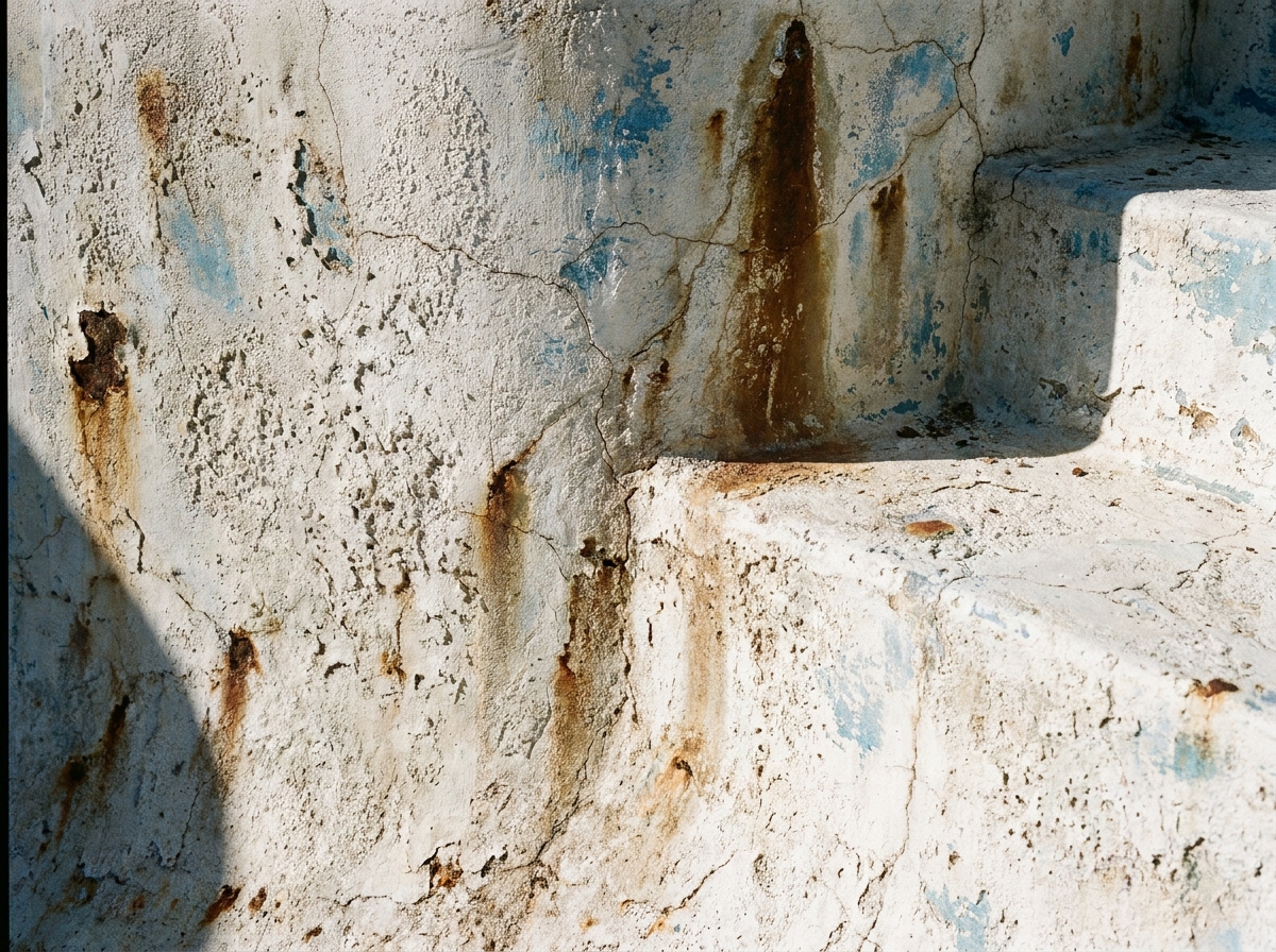 Close-up of an aging pool surface showing rough, chalky texture and faint staining
