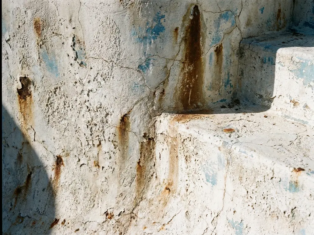 Close-up of an aging pool surface showing rough, chalky texture and faint staining