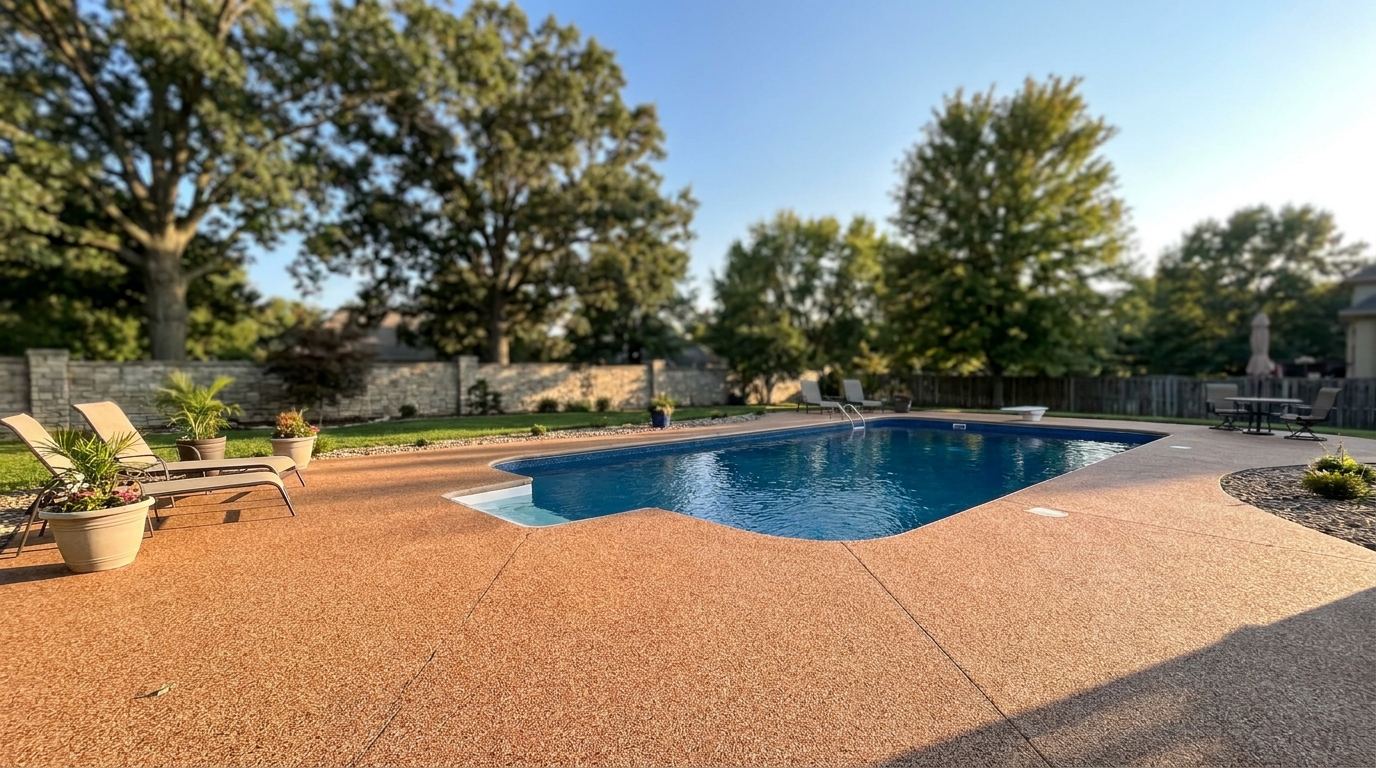 A freshly renovated pool deck with a clean decorative surface surrounding a calm inground pool in an upscale Kansas City backyard, comfortable and inviting underfoot