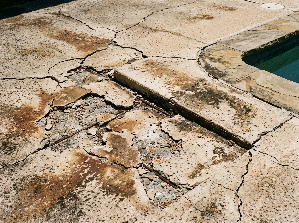 Close-up of a worn pool deck showing cracked and flaking concrete with discoloration and a lifted edge near the pool coping, the kind of surface that calls for renovation