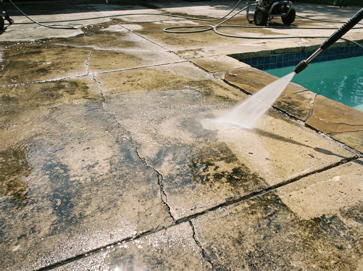 A Probuilt crew member kneeling on a worn pool deck, closely examining cracks and surface deterioration during a professional daylight assessment