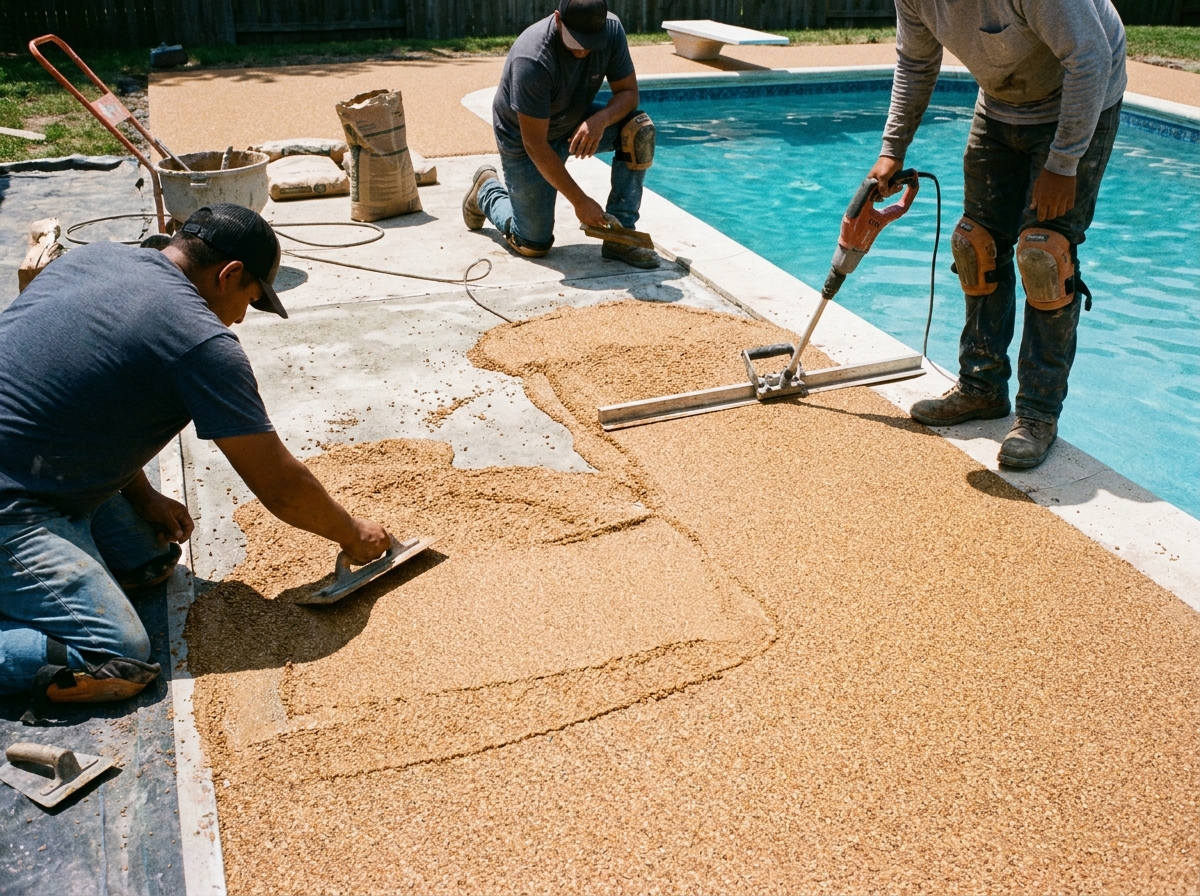 A crew repairing cracks and preparing a pool deck slab surface before applying a new decorative finish, showing the real prep work that happens before any resurfacing