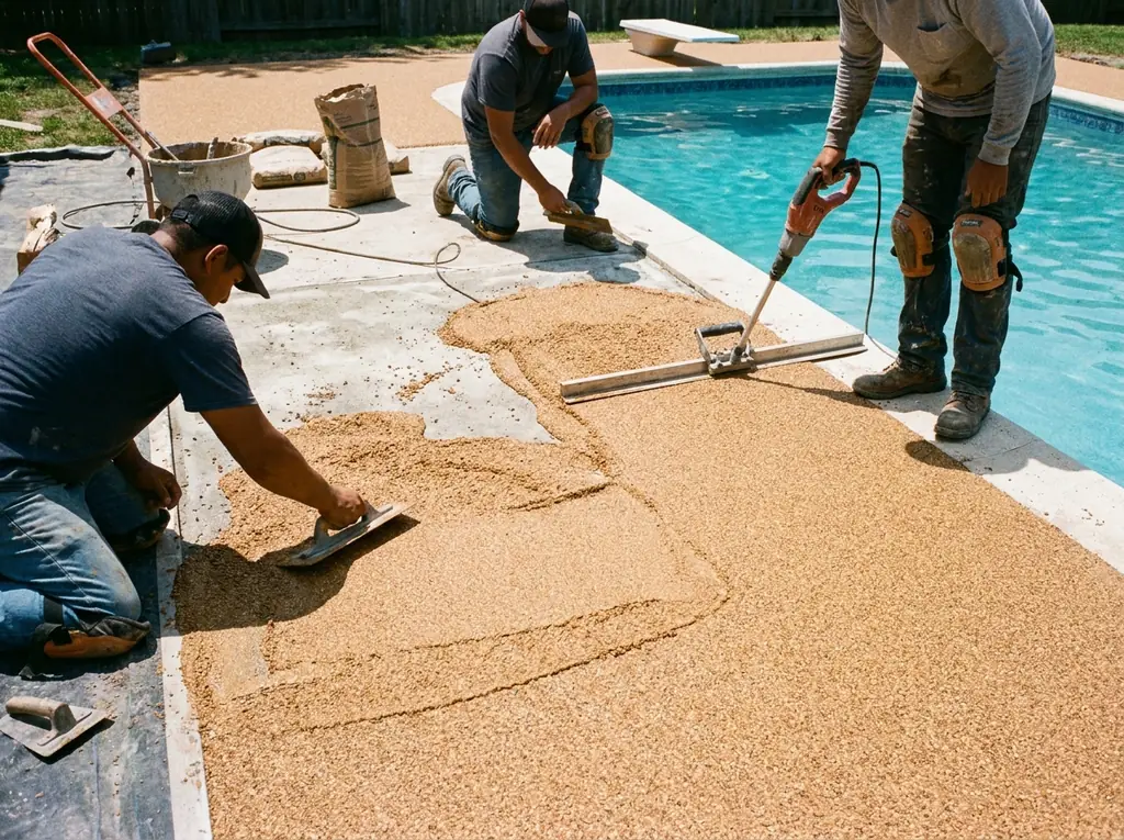 A crew repairing cracks and preparing a pool deck slab surface before applying a new decorative finish, showing the real prep work that happens before any resurfacing