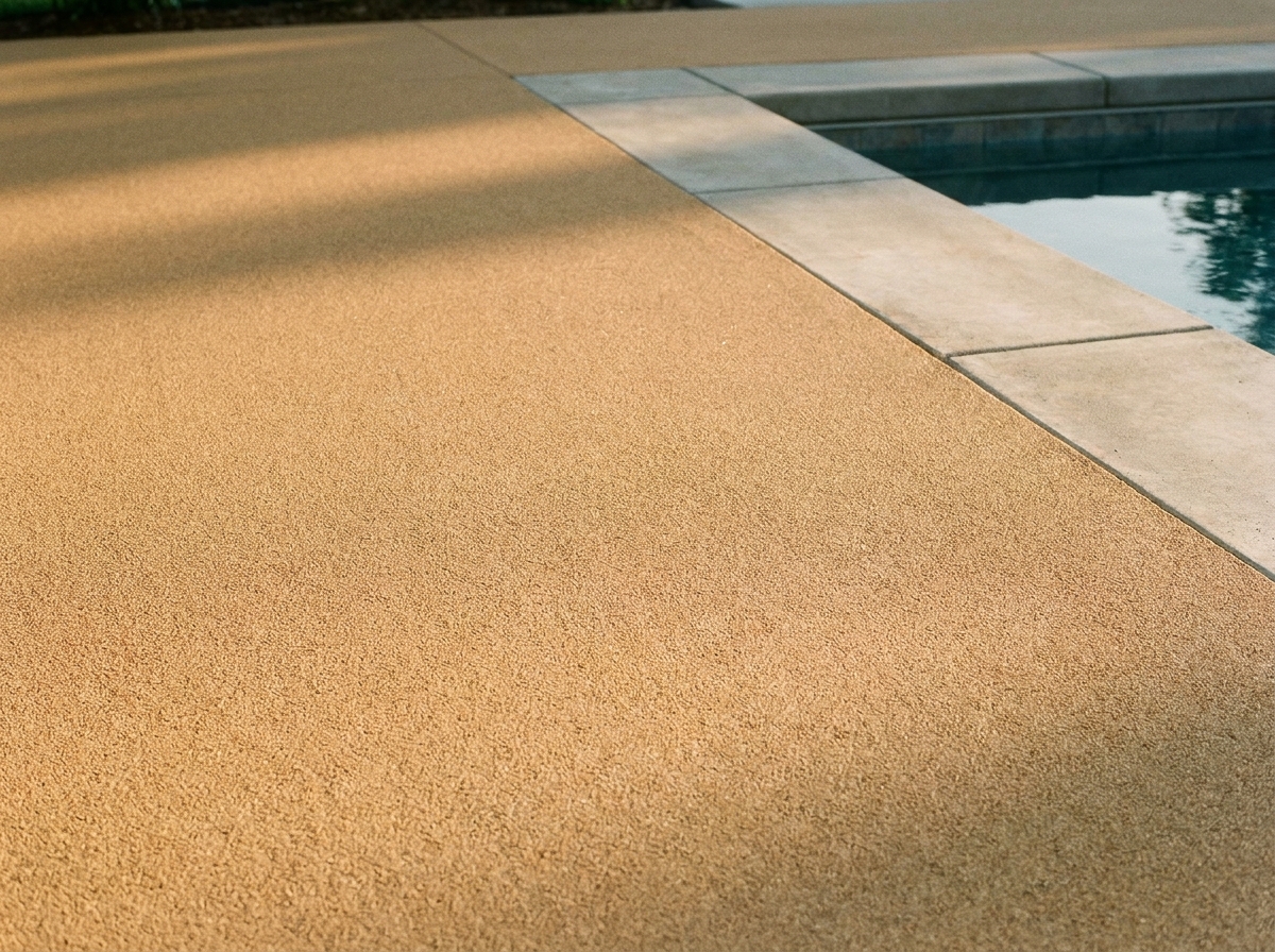 Close-up of a finished Rubberstone decorative pool deck surface, smooth and inviting in clean daylight, suggesting comfort and coolness underfoot