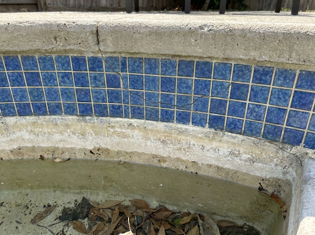 A hairline crack in a pool shell, the kind of visible sign a homeowner notices before calling for a leak inspection