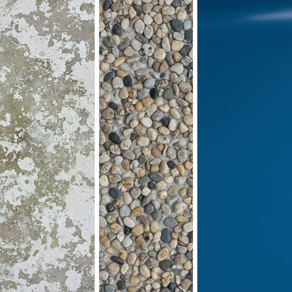 Side-by-side comparison of three pool surface types: deteriorated plaster on left, aggregate pebble finish in center, and smooth modern ecoFINISH polymer coating on right