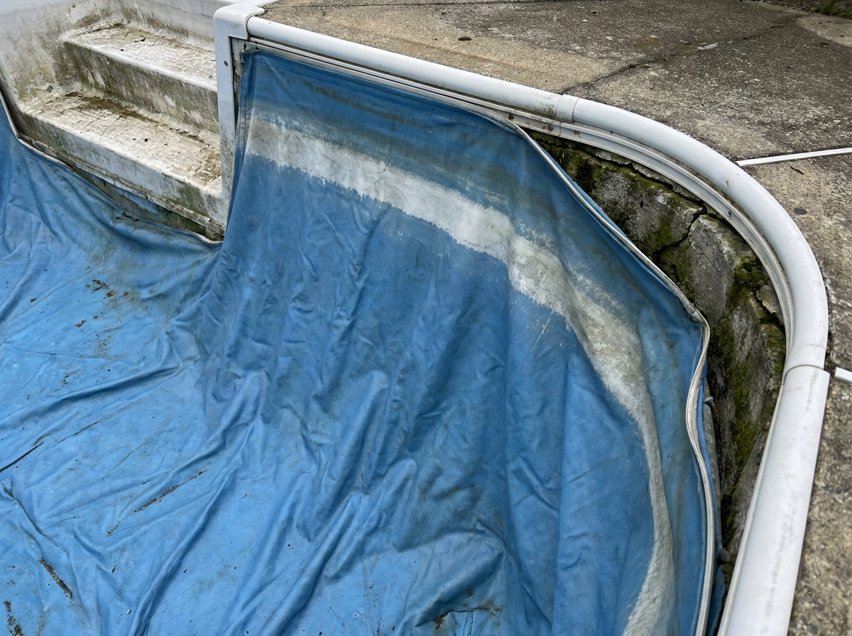 Close-up of a failing vinyl pool liner showing a wrinkle and a bleached waterline near the steps